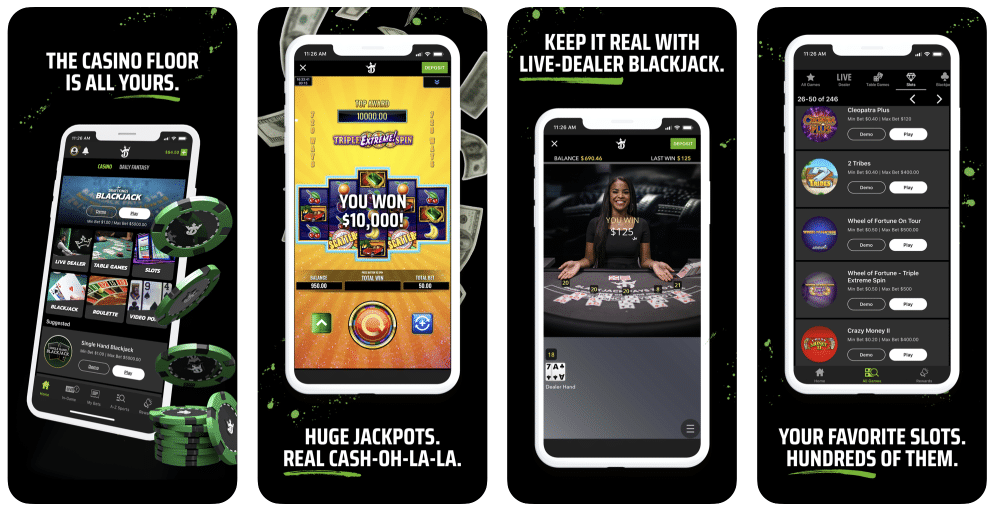 screen shots of the DraftKings casino app on an iphone
