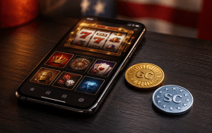 Gold Coins and Sweeps Coins displayed beside a smartphone showing a casino app interface